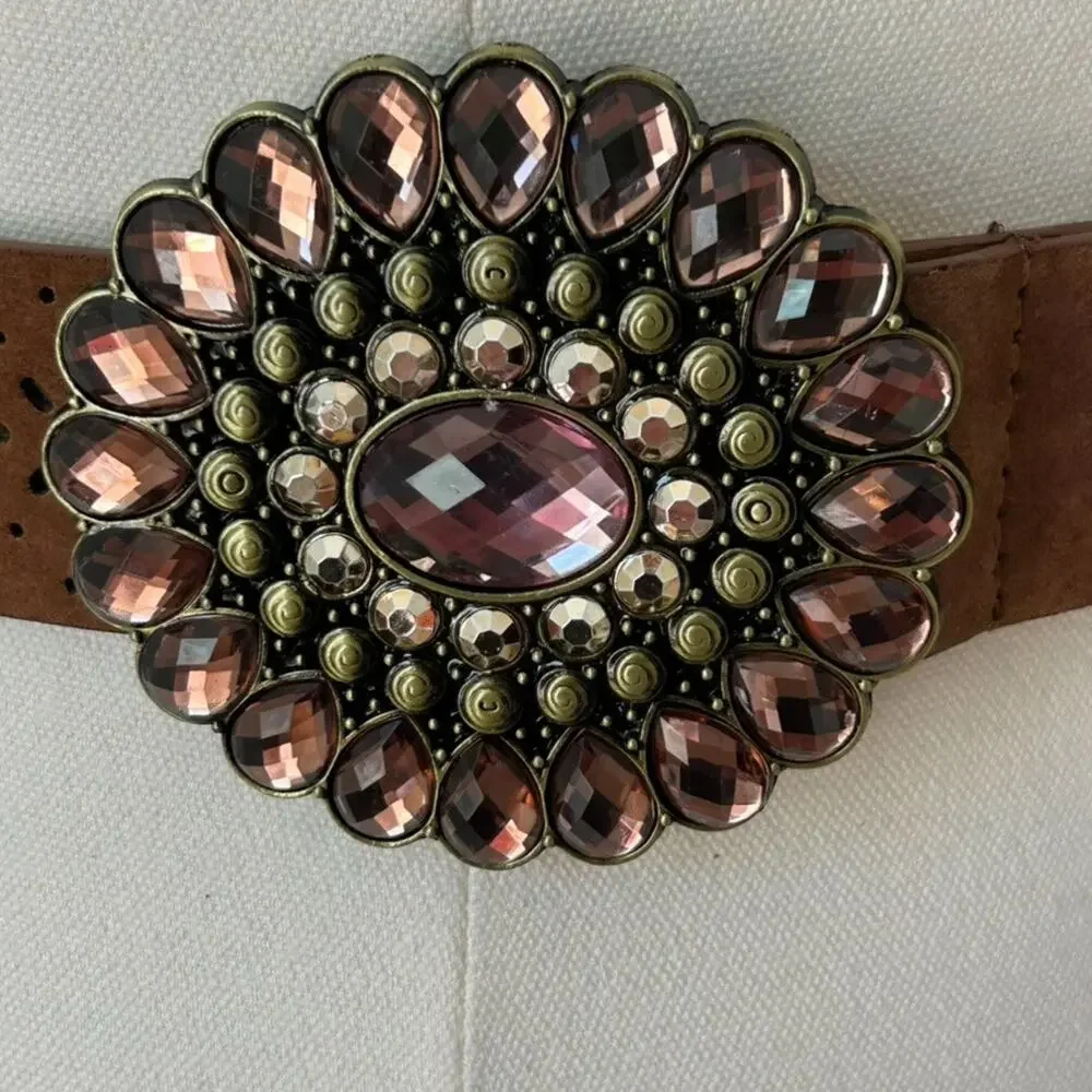 Womens Y2K Brown Faux Suede‎ Statement Belt Size 9 Round Jeweled Buckle Western